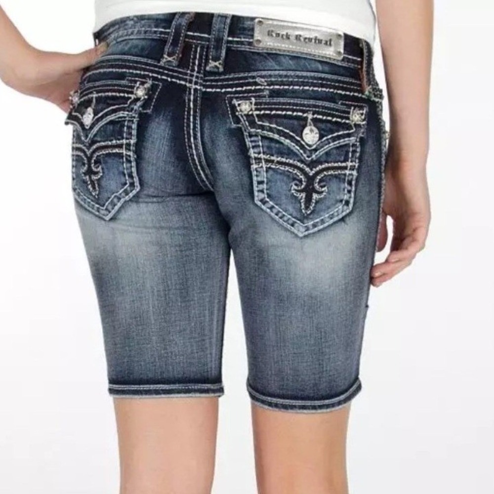Y2K Rock Revival Maggie Bermuda Jean Shorts Women Sz 29 Contrast Stitch Low Rise